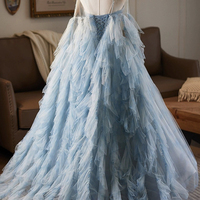 Blue Tulle Printed Pattern Long Prom Party Dress with Cape - Thumbnail 2