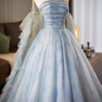 Blue Tulle Printed Pattern Long Prom Party Dress with Cape - Thumbnail 3