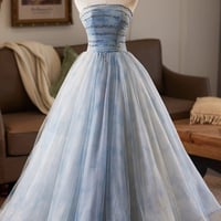 Blue Tulle Printed Pattern Long Prom Party Dress with Cape - Thumbnail 5