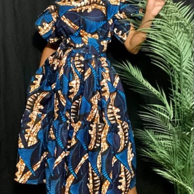 Ankara midi dress w/ headwrap & belt