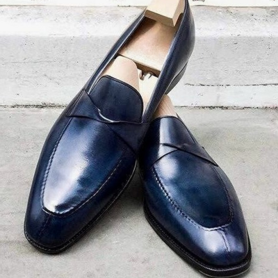 Handmade men blue calf  leather moccasin loafers dress shoes - Thumbnail 2