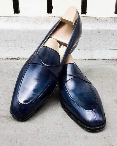 Handmade Men Blue Calf  Leather Moccasin Loafers Dress Shoes