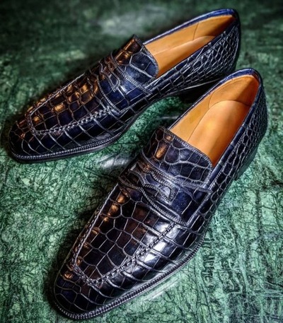 Handmade Men Black Crocodile/Alligator Leather Loafers Dress Shoes