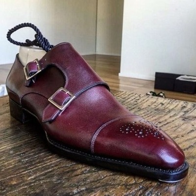 Handmade Men Burgundy Leather Monk Strap Dress Shoes