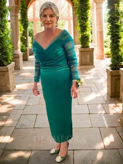 Elegant Green Long Sleeve Sheath Mother of the Bride/Groom Dress Evening Formal Dress