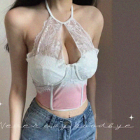 Gradient Lace Halter Drawstring Underwire Top - Thumbnail 4