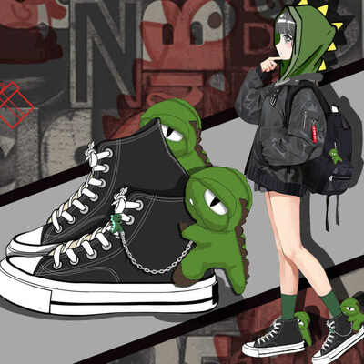 Black canvas shoes with plush dinosaur decor