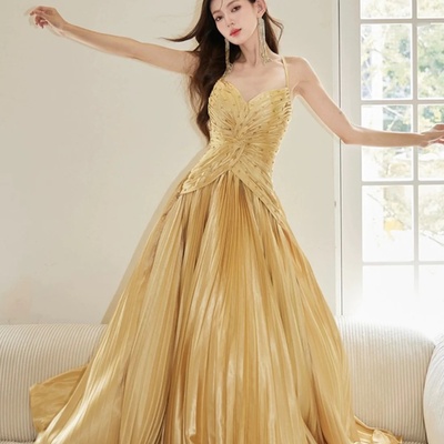 Gold satin long a-line spaghetti strap evening party dress - Thumbnail 1