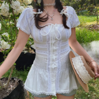 Heavy lace square neck patchwork slim fit pleated top - Thumbnail 5