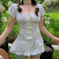 Heavy lace square neck patchwork slim fit pleated top - Thumbnail 1