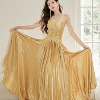 Gold Satin Long A-Line Spaghetti Strap Evening Party Dress - Thumbnail 1