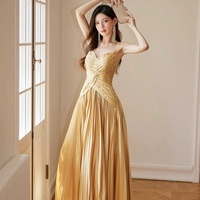 Gold Satin Long A-Line Spaghetti Strap Evening Party Dress - Thumbnail 2