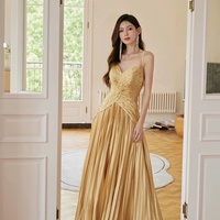 Gold Satin Long A-Line Spaghetti Strap Evening Party Dress - Thumbnail 3