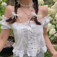 White lace fungus stitching pleated one-shoulder small top shirt - Thumbnail 1