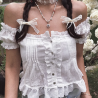 White lace fungus stitching pleated one-shoulder small top shirt - Thumbnail 4
