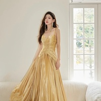 Gold Satin Long A-Line Spaghetti Strap Evening Party Dress - Thumbnail 5