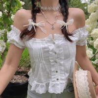 White lace fungus stitching pleated one-shoulder small top shirt - Thumbnail 5
