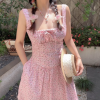 Retro large square collar sweet pink floral drawstring holiday suspender skirt - Thumbnail 2