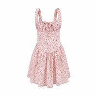 Retro large square collar sweet pink floral drawstring holiday suspender skirt - Thumbnail 4