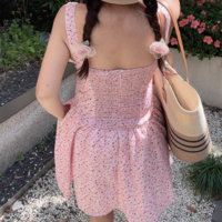 Retro large square collar sweet pink floral drawstring holiday suspender skirt - Thumbnail 5