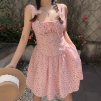 Retro large square collar sweet pink floral drawstring holiday suspender skirt - Thumbnail 1