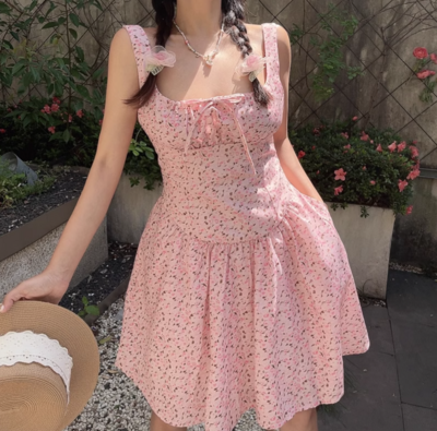 Retro large square collar sweet pink floral drawstring holiday suspender skirt