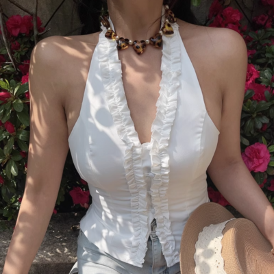 V-neck lace halter neck short backless belly-exposing camisole