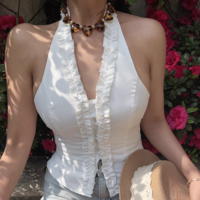 V-neck lace halter neck short backless belly-exposing camisole - Thumbnail 2