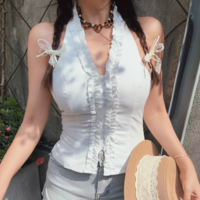 V-neck lace halter neck short backless belly-exposing camisole - Thumbnail 6