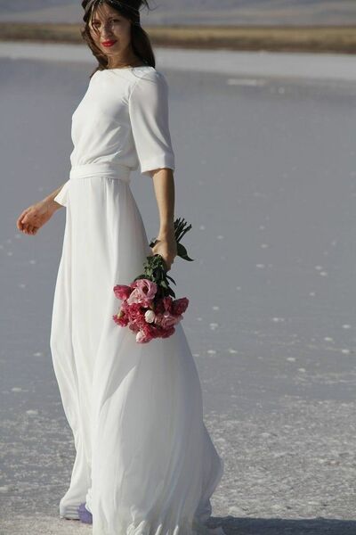 Simple A Line Long Sleeve Beach Boho Wedding Dress Bridal Gown Wedding Gown