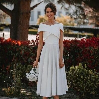 Simple a line tea-length beach boho wedding dress bridal gown wedding gown