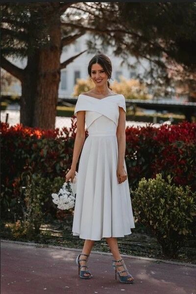 Simple A Line Tea-length Beach Boho Wedding Dress Bridal Gown Wedding Gown