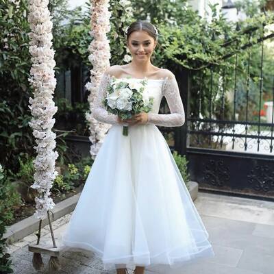 Simple a line lace tea-length beach boho wedding dress bridal gown wedding gown