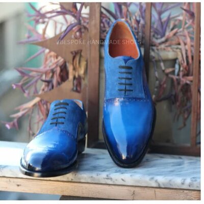 Handmade men blue patina suede leather oxford lace up dress shoes - Thumbnail 3