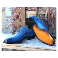 Handmade Men Blue Patina Suede Leather Oxford Lace up Dress Shoes - Thumbnail 1