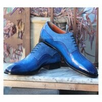 Handmade Men Blue Patina Suede Leather Oxford Lace up Dress Shoes - Thumbnail 2