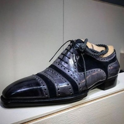 Handmade men gray patina suede leather dress shoes - Thumbnail 3