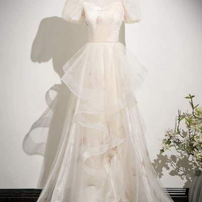 Champagne tulle printed long prom dress, beautiful a-line party dress - Thumbnail 1