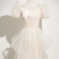 Champagne Tulle Printed Long Prom Dress, Beautiful A-line Party Dress - Thumbnail 1