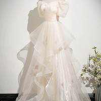 Champagne Tulle Printed Long Prom Dress, Beautiful A-line Party Dress - Thumbnail 2