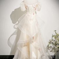 Champagne Tulle Printed Long Prom Dress, Beautiful A-line Party Dress - Thumbnail 3