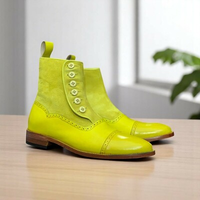 Handmade yellow leather suede buuton boot for men's