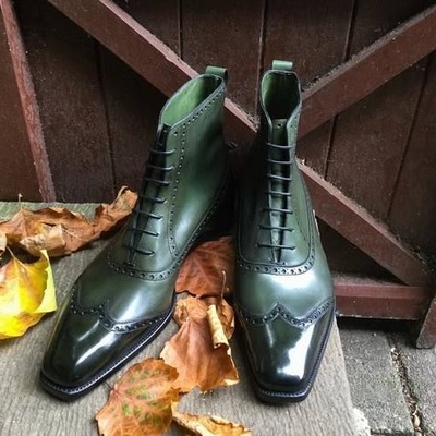 Handmade men green patina leather  ankle high boot
