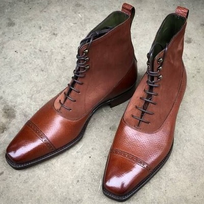 Handmade men brown grain suede leather ankle high lace up dress boot