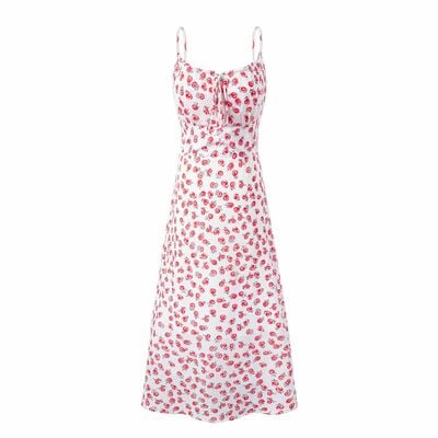 Holiday leisure white background print slim suspender dress