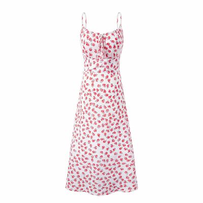 Holiday leisure white background print slim suspender dress