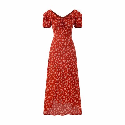 Casual V-neck ruffled floral print puff sleeve dress