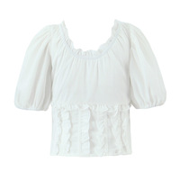 White Funnel V-neck Puff Sleeve Top Shirt - Thumbnail 3