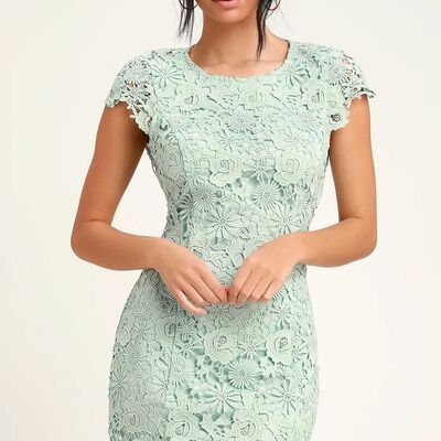 Mint green lace tea-length mother of the bride/groom dress evening formal dress