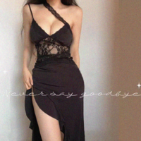 Irregular design lace stitching see-through backless dress - Thumbnail 2